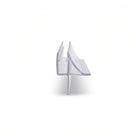 Clear seal offcut end-on on white, glass channel with a sloping wing above a straight drop fin