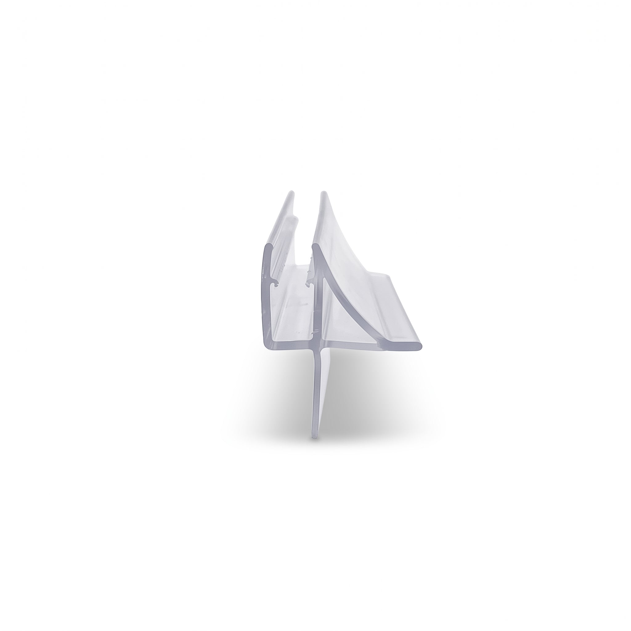 Clear SEAL142 seal cut piece - 8-10mm glass channel with 20mm sloping wing and 20mm fin