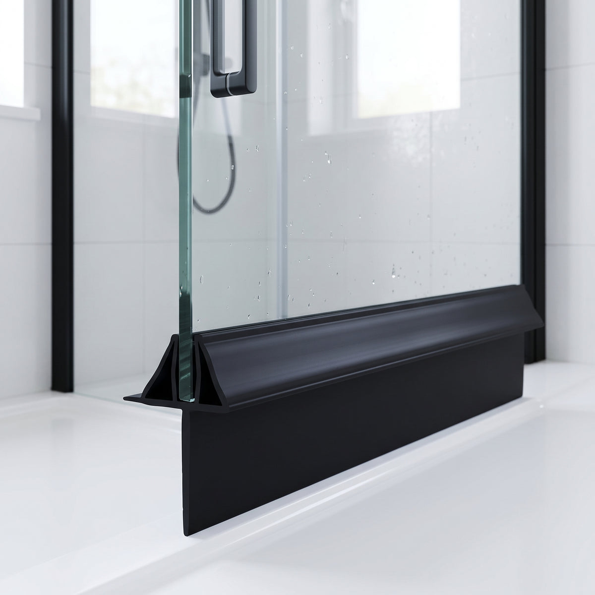 Black seal along the bottom of a wet glass shower panel on a white tray, black frame behind