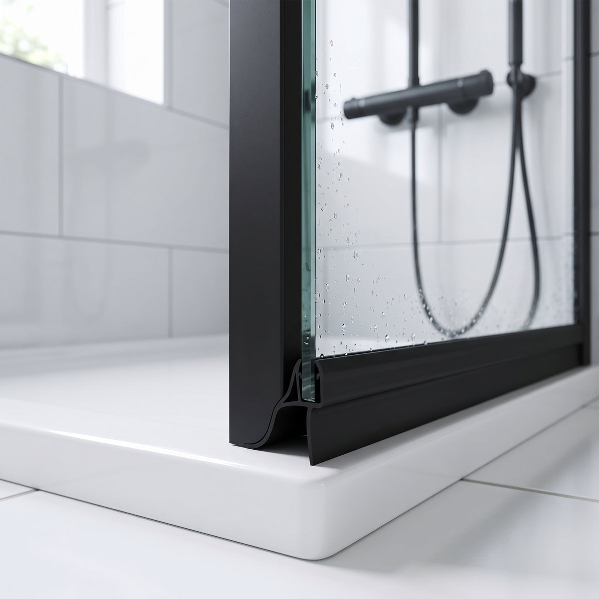 Black seal at the foot of a wet glass shower door on a white tray, black frame and white tiles
