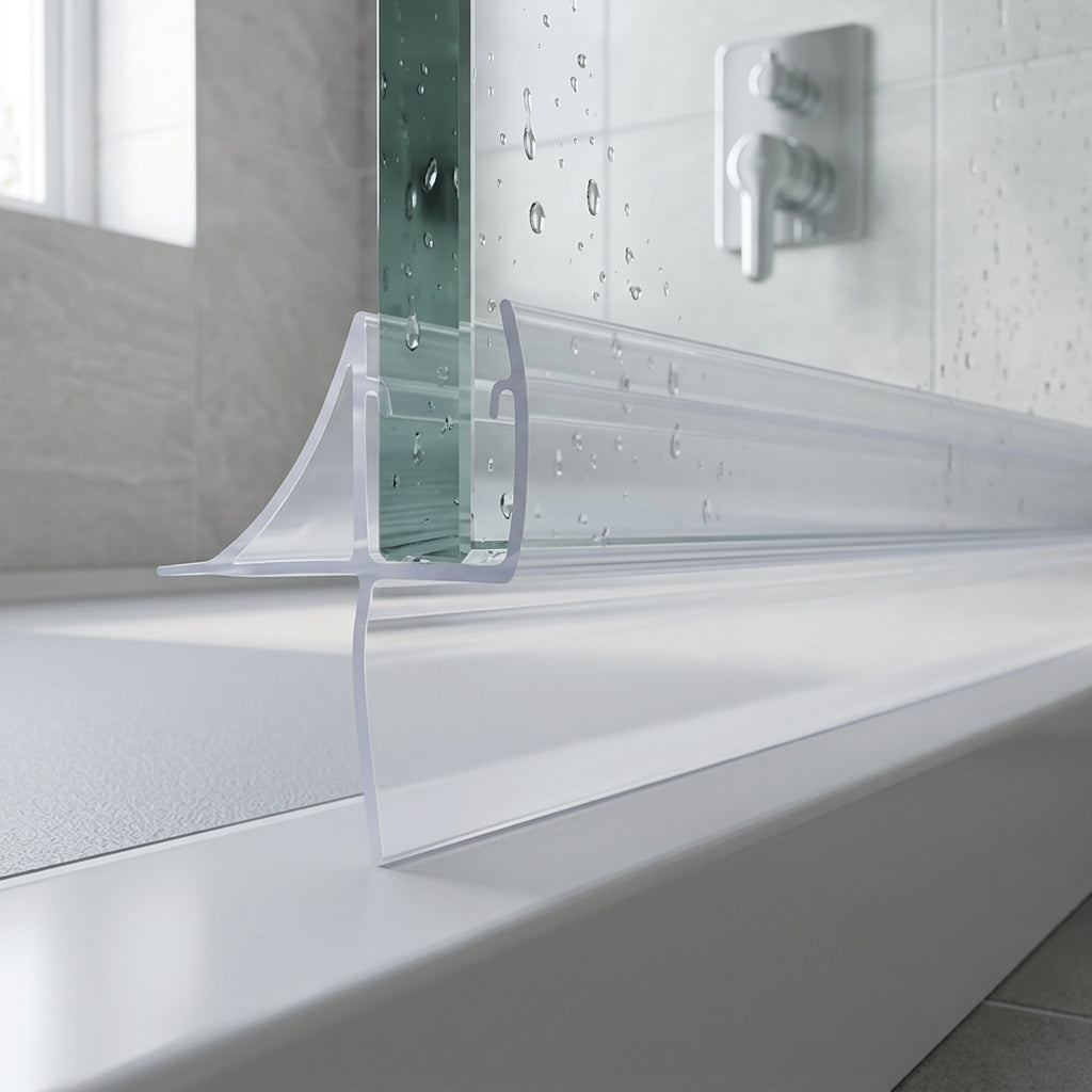 Shower screen seal installed on glass panel - Shower Screen Seal - 3-4mm Glass - Fits 11mm to 16mm Gaps