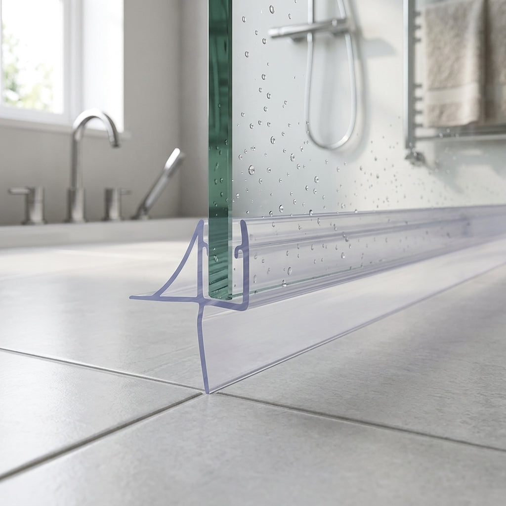 Shower screen seal installed on glass panel - Shower Screen Seal - 3-4mm Glass - Fits 15mm to 20mm Gaps