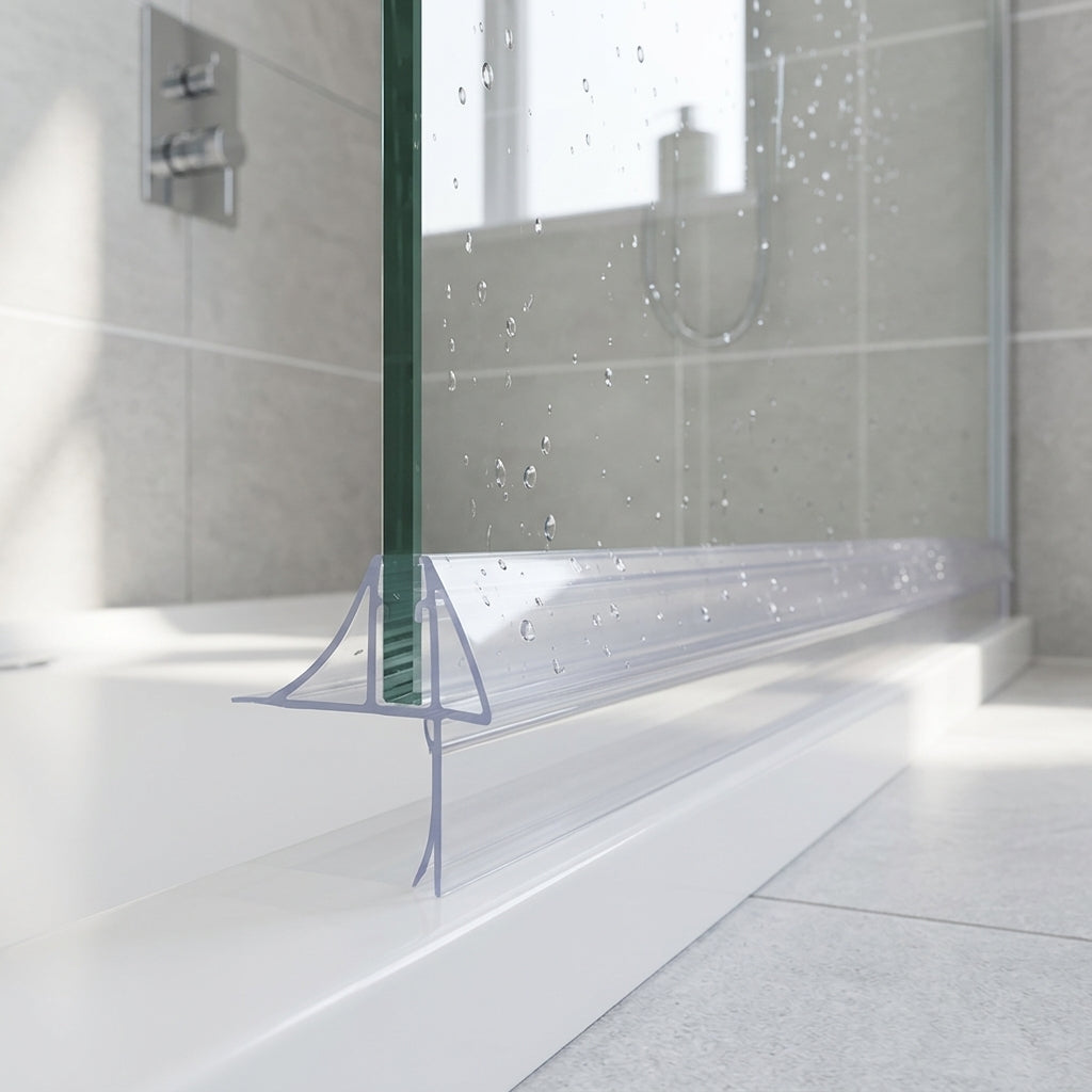 Shower screen seal installed on glass panel - Shower Screen Seal - 3-4mm Glass - Fits 25mm to 30mm Gaps