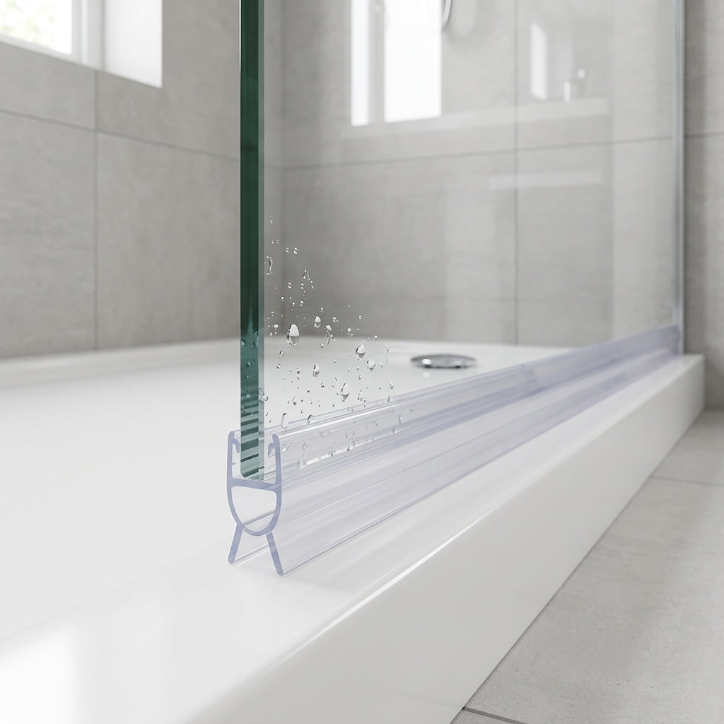 Shower screen seal installed on glass panel - Shower Screen Seal - Fits 4-6mm Glass - Lengths of 800mm, 900mm, 1400mm and 2000mm