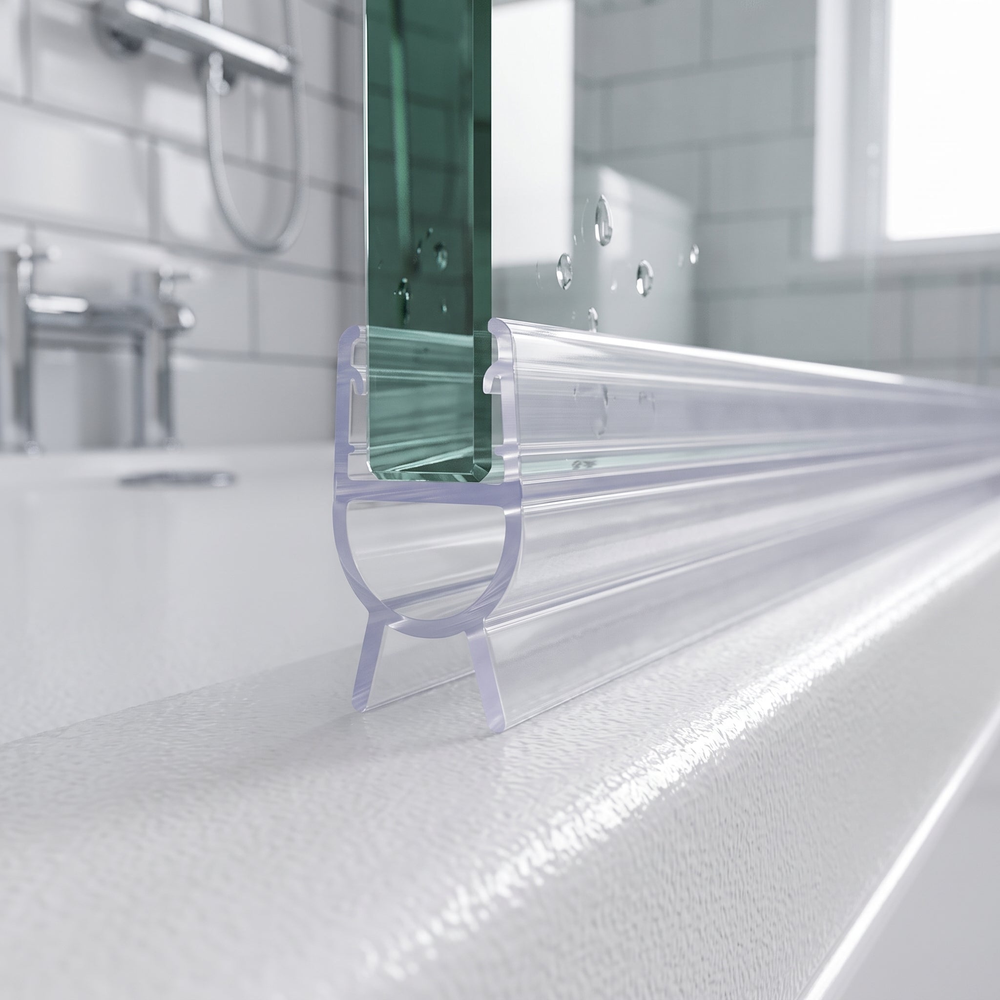 Clear SEAL155 on a 10mm glass door - hollow bubble and splayed fins closing the gap to the tray