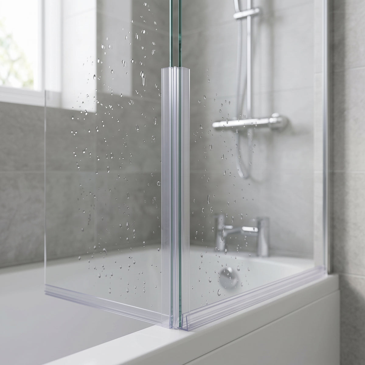 Clear twin-channel corner seal joining two 4-5mm glass bath screen panels at a 90 degree joint over a bath