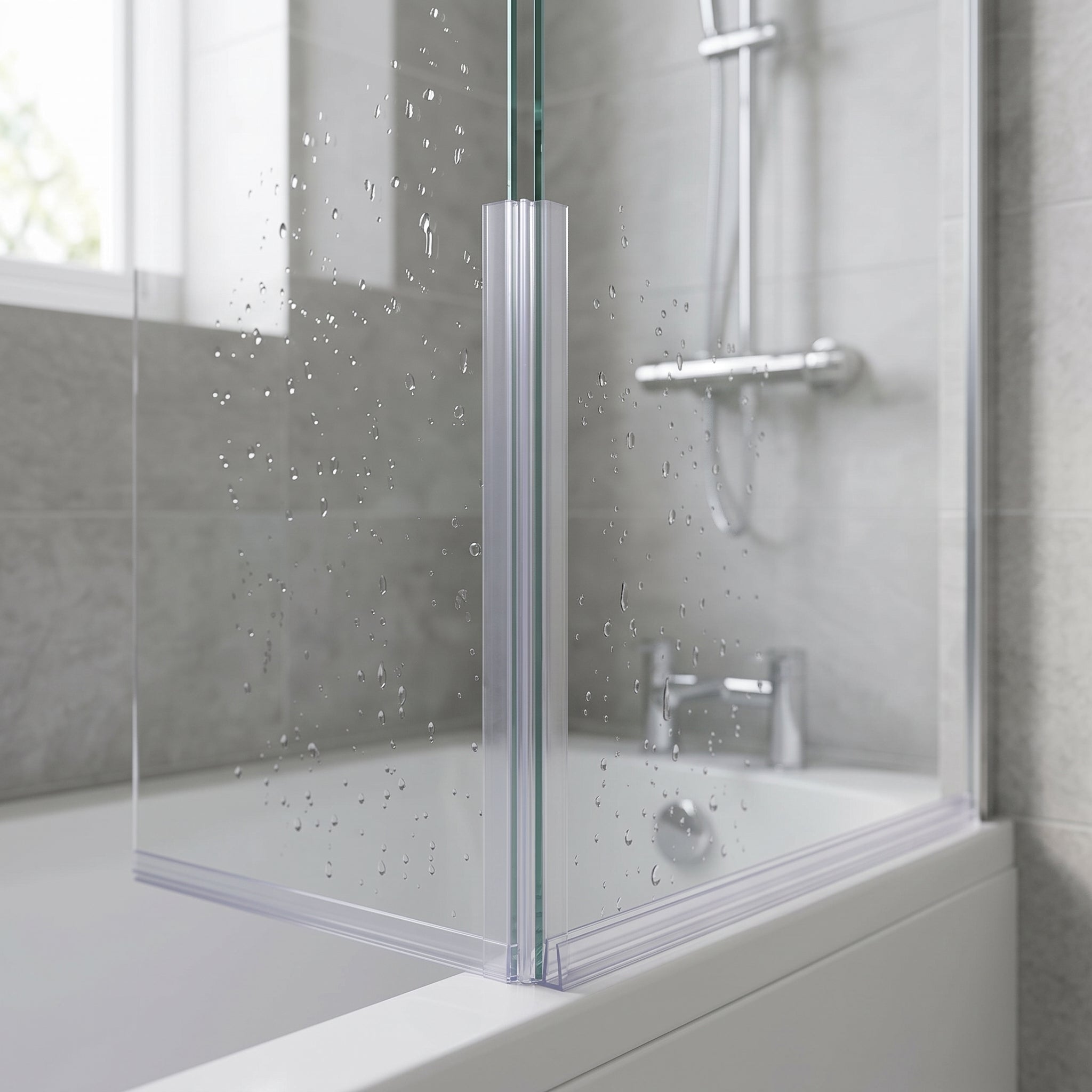 Clear twin-channel corner seal joining two 4-5mm glass bath screen panels at a 90 degree joint over a bath