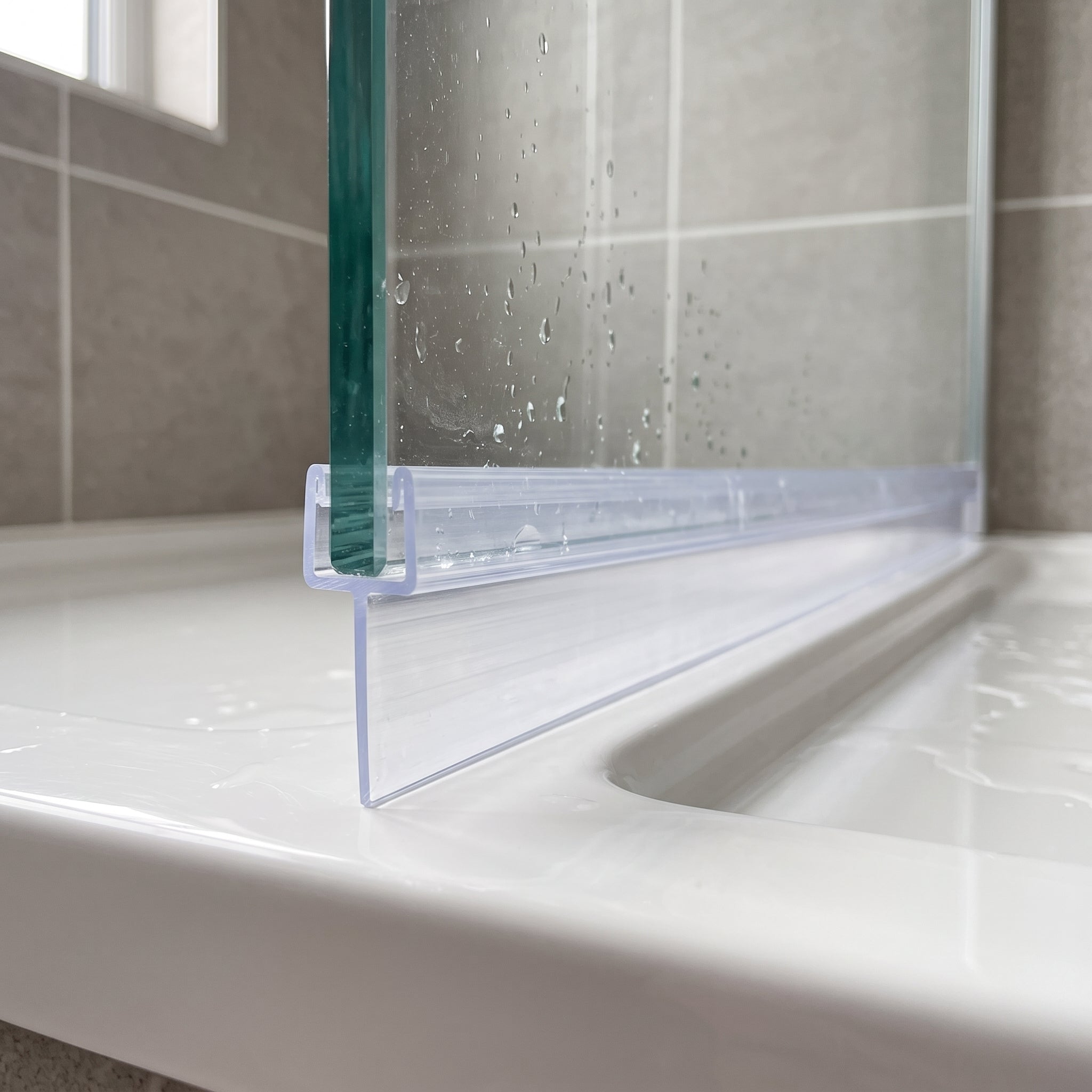 Tapered shower screen seal pushed onto the bottom edge of 4-6mm glass, clear fin tapering from 10mm to 2mm to close an out-of-level gap to the shower tray