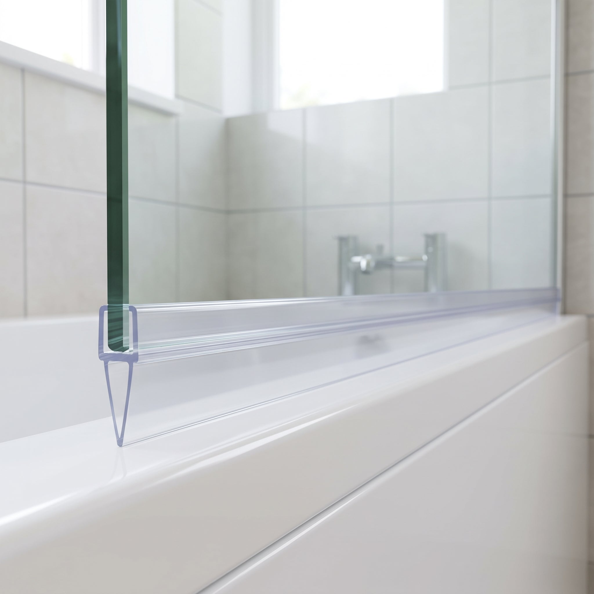 Clear tapered seal capping the bottom edge of 4-6mm glass, fin tapering from 15mm to 5mm along the bath screen