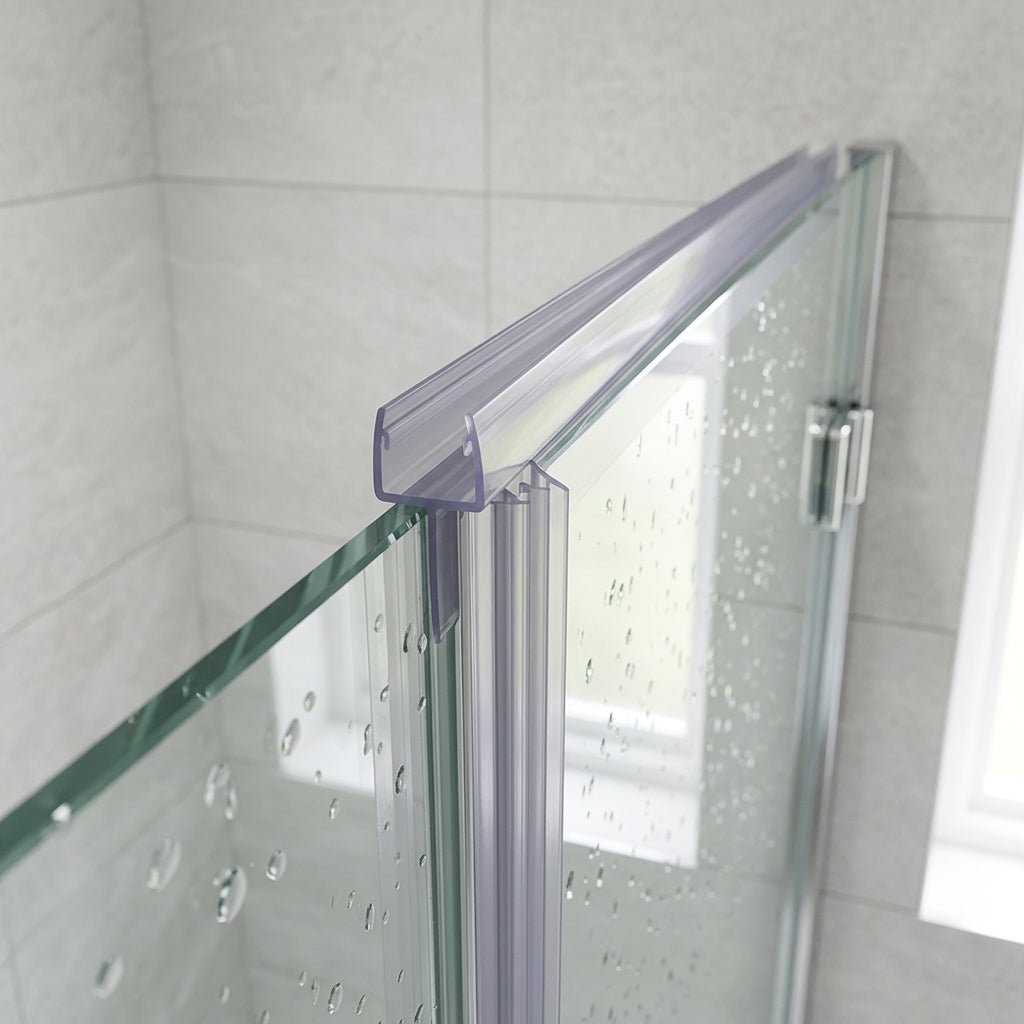 Vertical shower screen seal installed on glass door edge - Tapered Shower Screen Seal - 4-6mm Glass - Fin 15mm to 5mm - 900mm