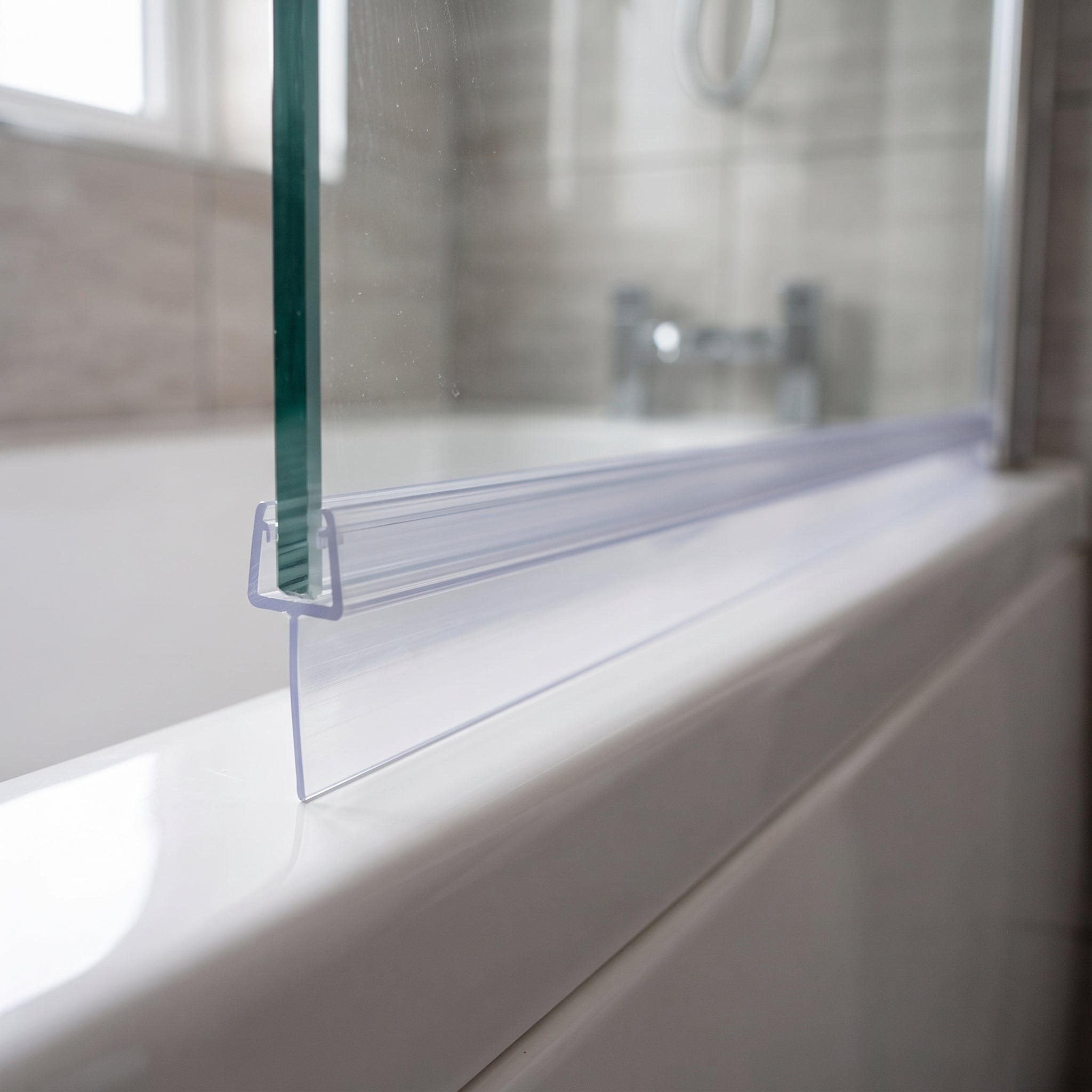 SEAL168 tapered seal fitted on 4-6mm bath screen - fin tapers 20mm to 10mm closing an uneven gap to the bath