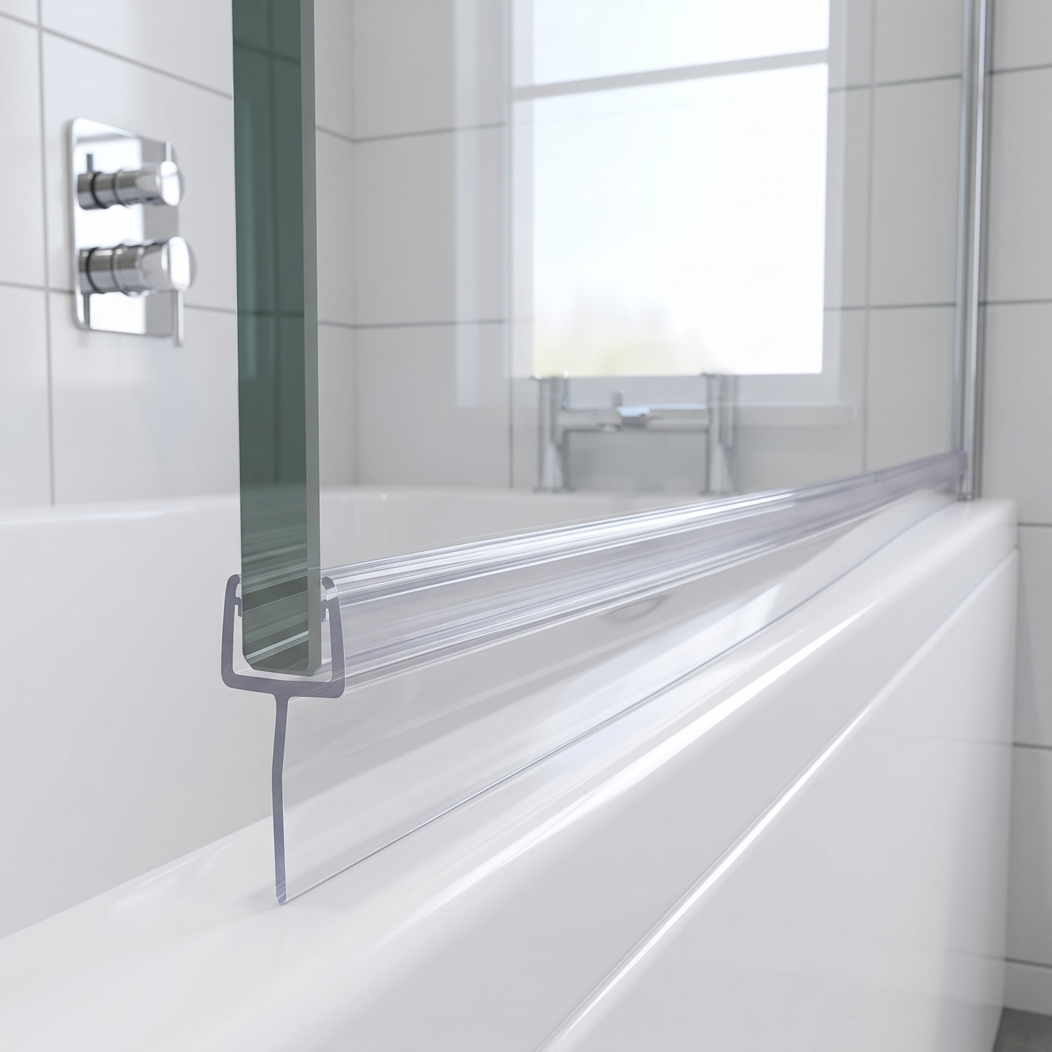 Clear tapered shower seal on 4-6mm bath screen glass, fin tapering from 25mm to 10mm to seal an uneven gap