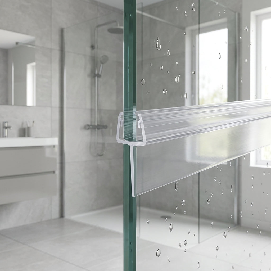 Vertical shower screen seal installed on glass door edge - Tapered Shower Screen Seal - 4-6mm Glass - Fin 25mm to 15mm - 900mm