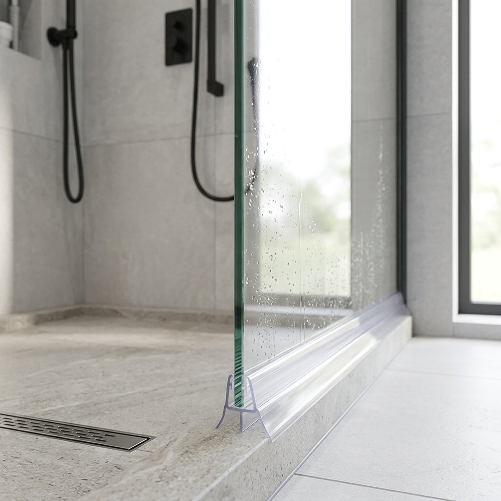 Vertical shower screen seal installed on glass door edge - Tapered Shower Screen Seal - 4-6mm Glass - Fin 25mm to 20mm - 900mm