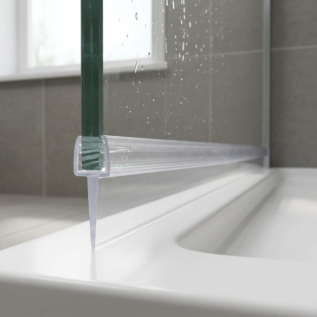 Tapered shower screen seal pushed onto the bottom edge of 6-8mm glass, clear fin tapering from 10mm to 5mm to close an out-of-level gap to the shower tray