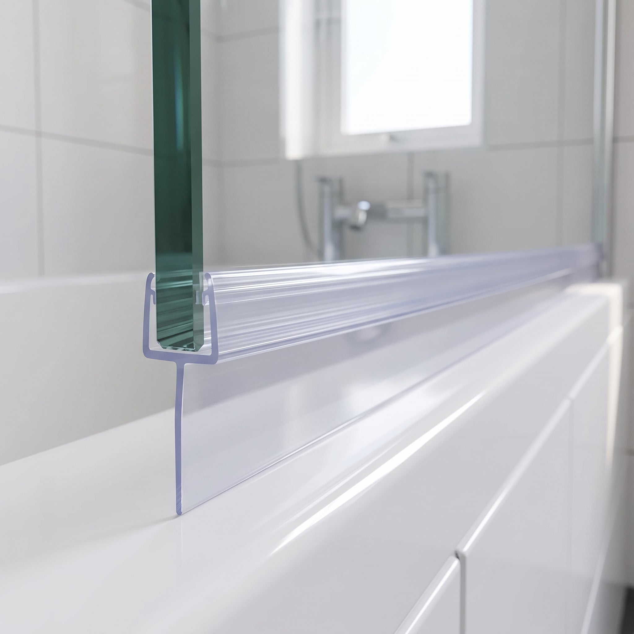 SEAL179 tapered seal fitted on 6-8mm bath screen - fin tapers 20mm to 15mm closing an uneven gap to the bath