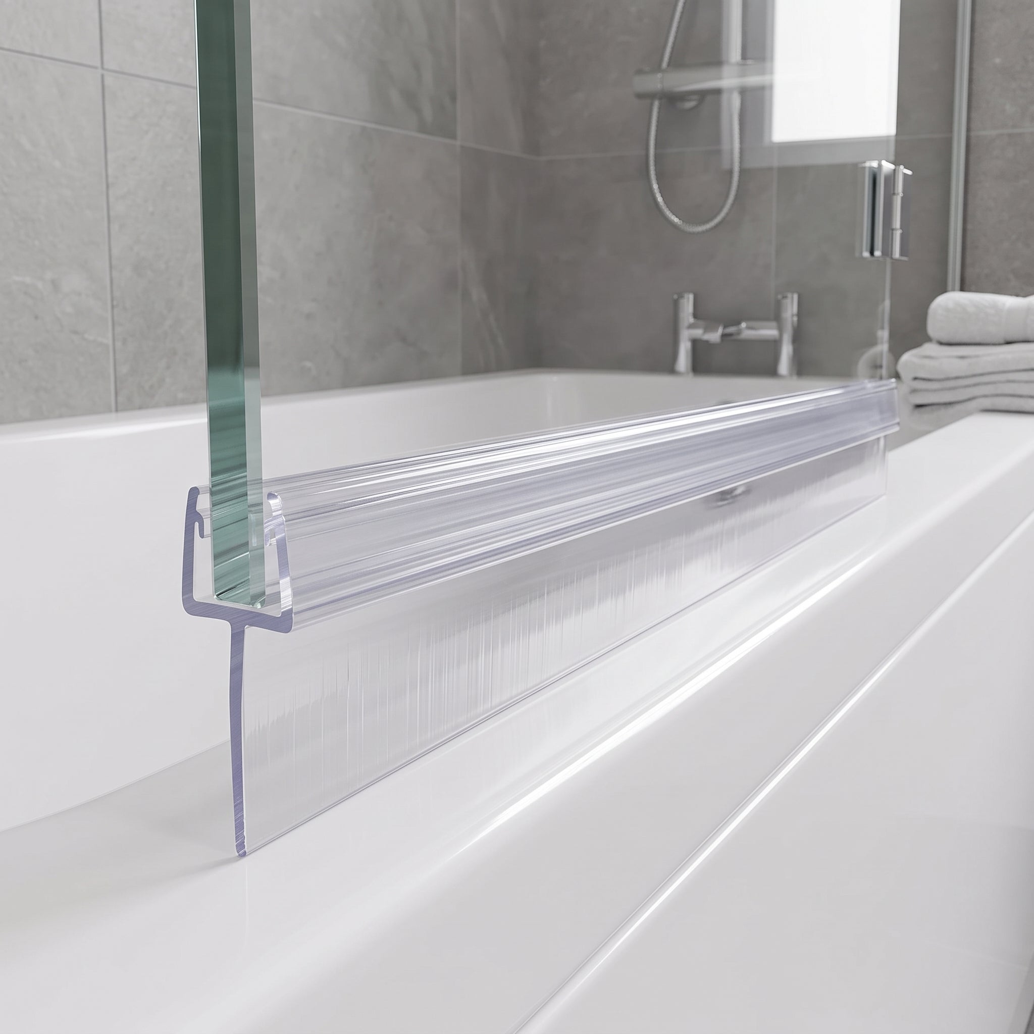 Clear tapered shower seal on 6-8mm bath screen glass, fin tapering from 25mm to 10mm to seal an uneven gap