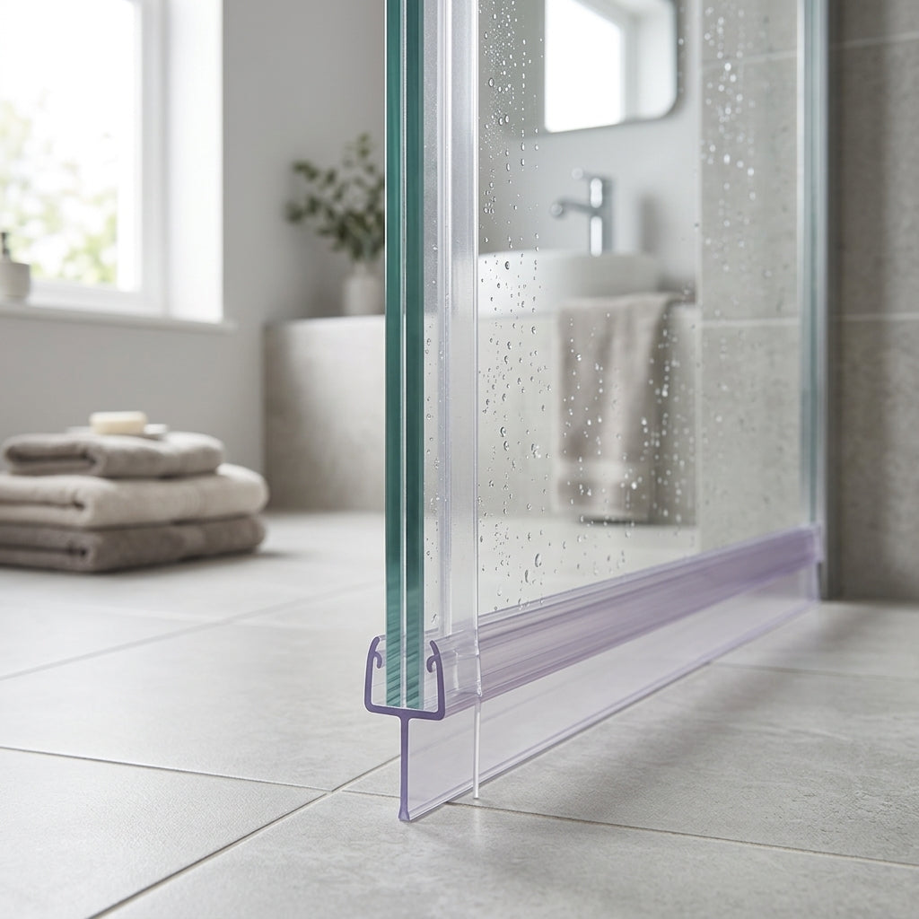 Vertical shower screen seal installed on glass door edge - Tapered Shower Screen Seal - 6-8mm Glass - Fin 25mm to 20mm - 900mm