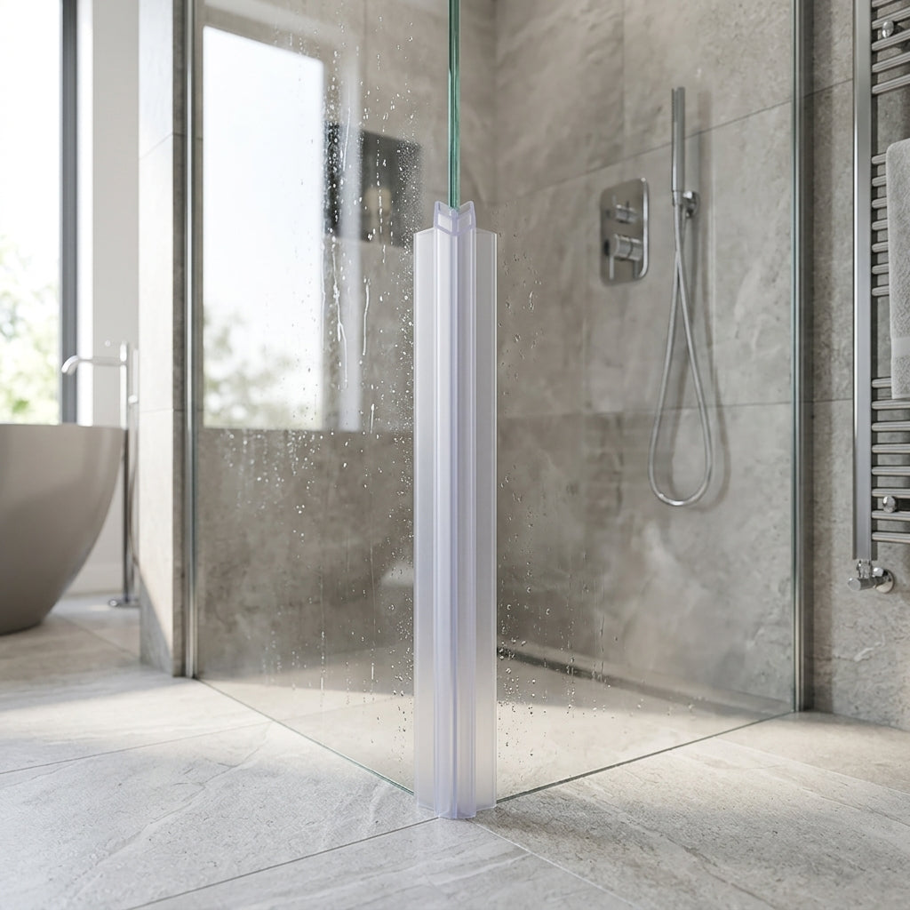 Corner join seal installed between glass shower panels - Shower Screen Seal - Fits 3-4mm Glass - 90 Deg Join