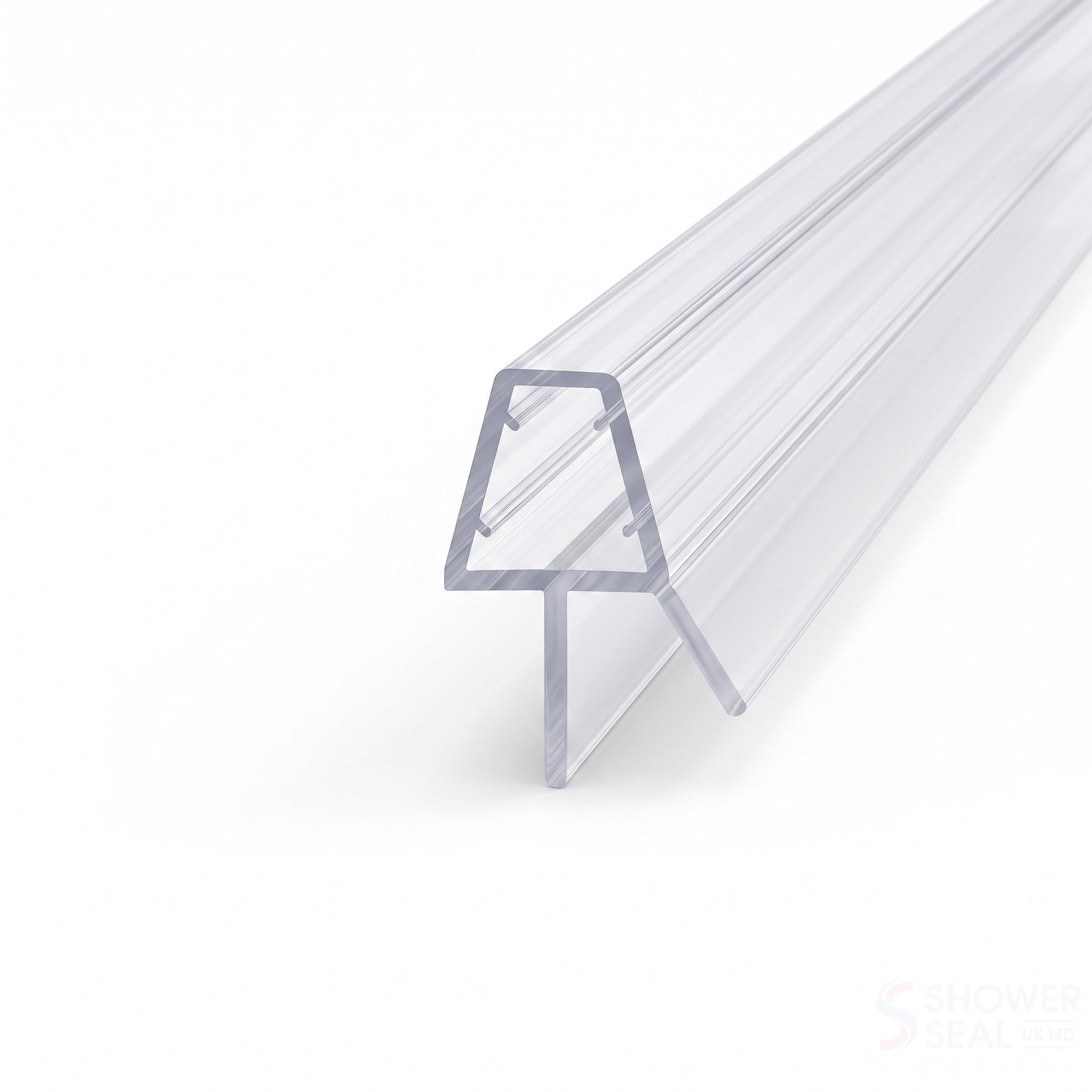 Clear shower screen seal profile for 4-6mm glass - 10mm channel with 12mm fin and 8mm angled deflector, seals 7-12mm gaps