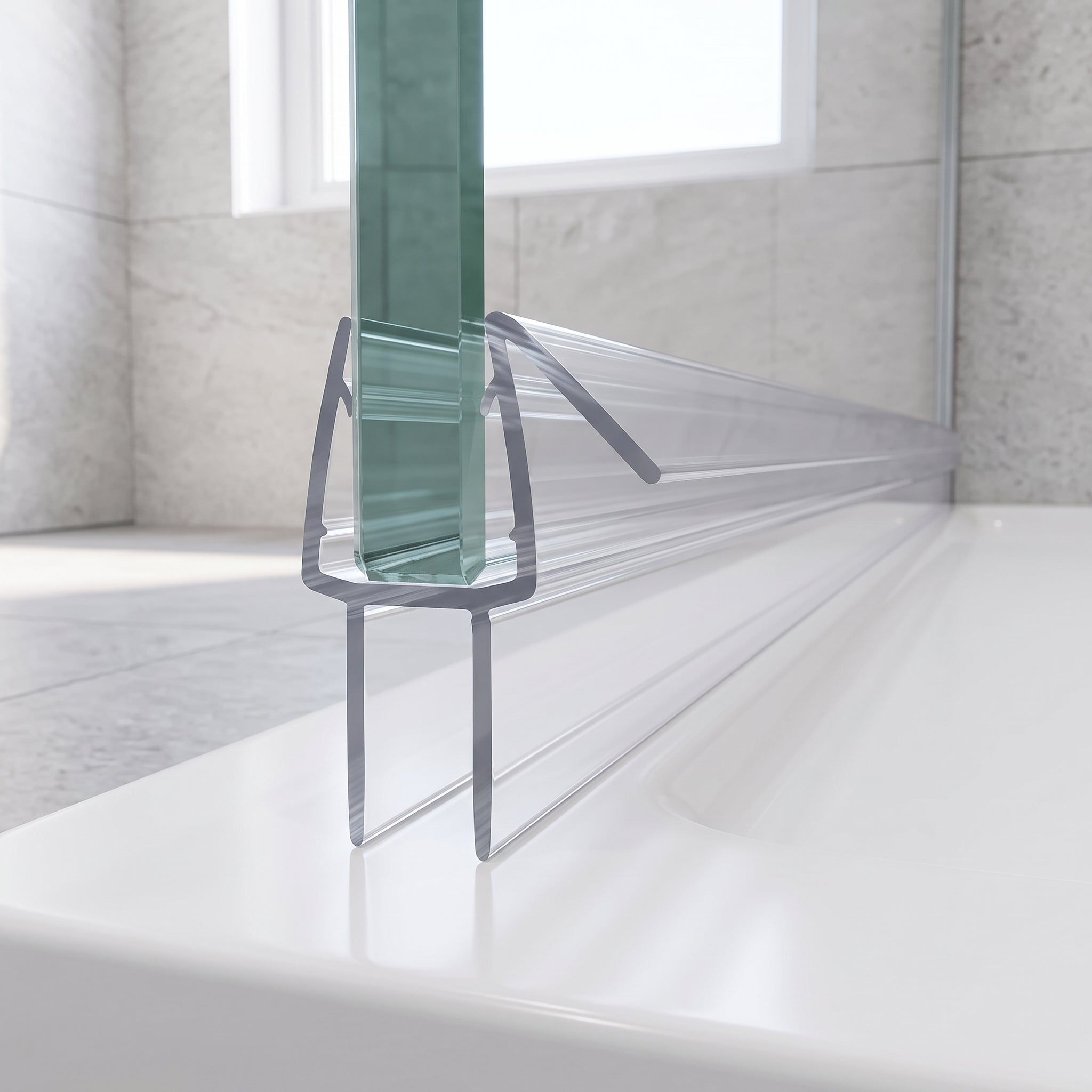 Clear seal on 8-10mm glass with angled deflector fin and twin 6mm fins sealing a 3-6mm gap to the tray