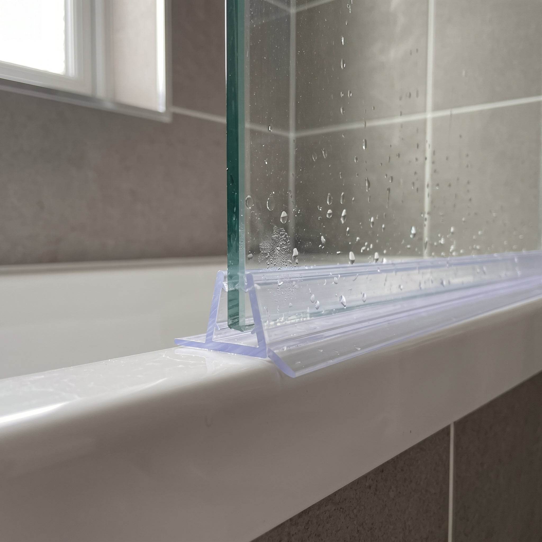 Clear shower screen seal on the bottom edge of 4-6mm glass, soft flap and drip fin closing a 1-4mm gap to the bath rim