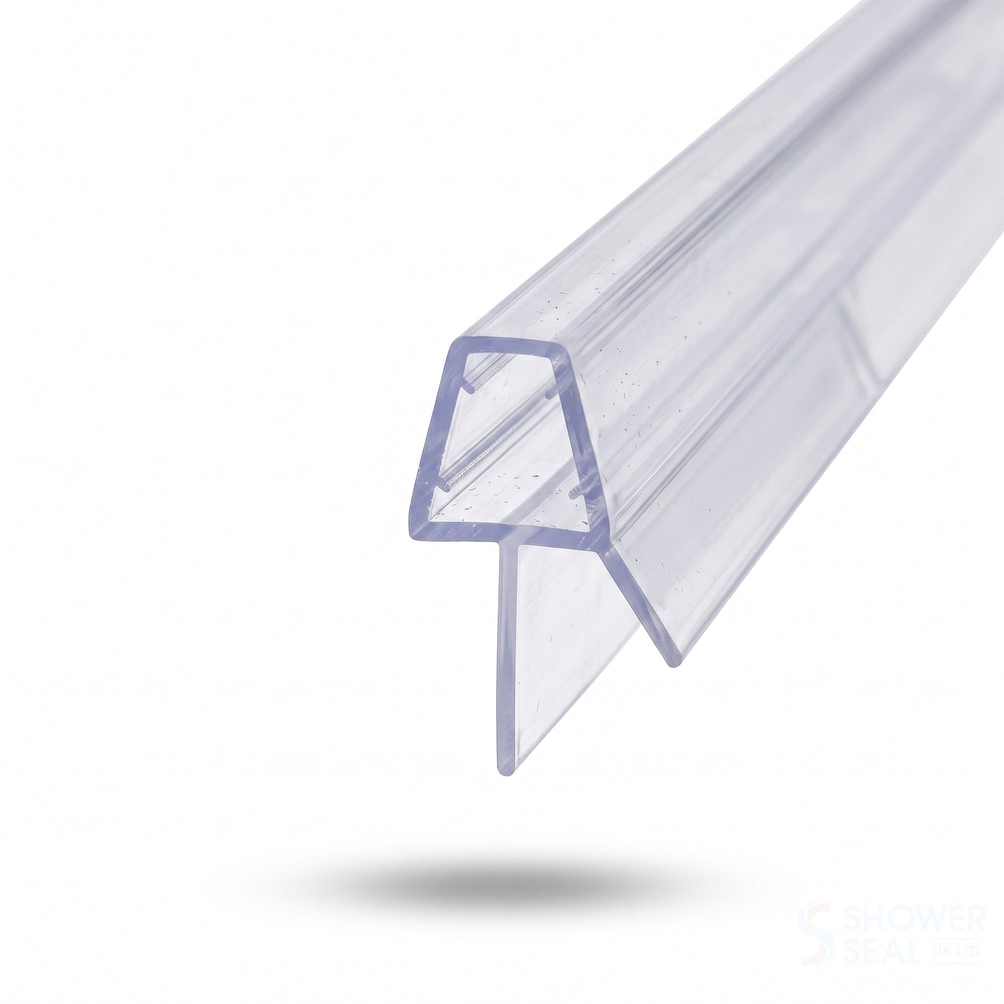 Clear shower screen seal profile for 6-8mm glass - 10mm channel with 16mm fin and 8mm angled deflector, seals 12-16mm gaps