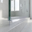 Clear seal on green-edged glass, long fin reaching over a wet stone step, shower valve and window behind
