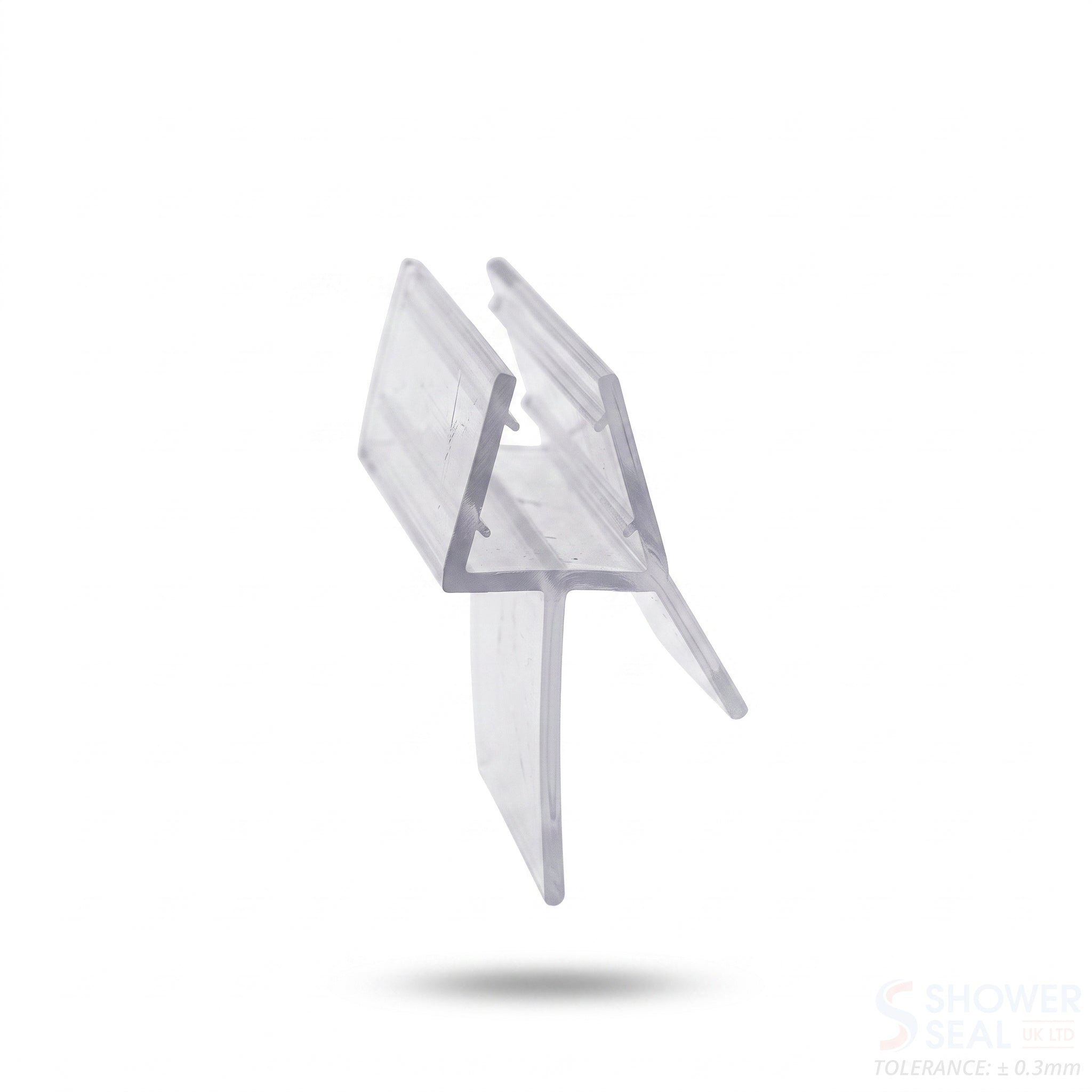 Shower screen seal profile for 6-8mm glass - 10mm channel with 20mm fin and 8mm angled deflector, seals 16-20mm gaps