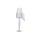 Clear seal offcut end-on on white, glass channel with a side fin and a long tapering drop fin