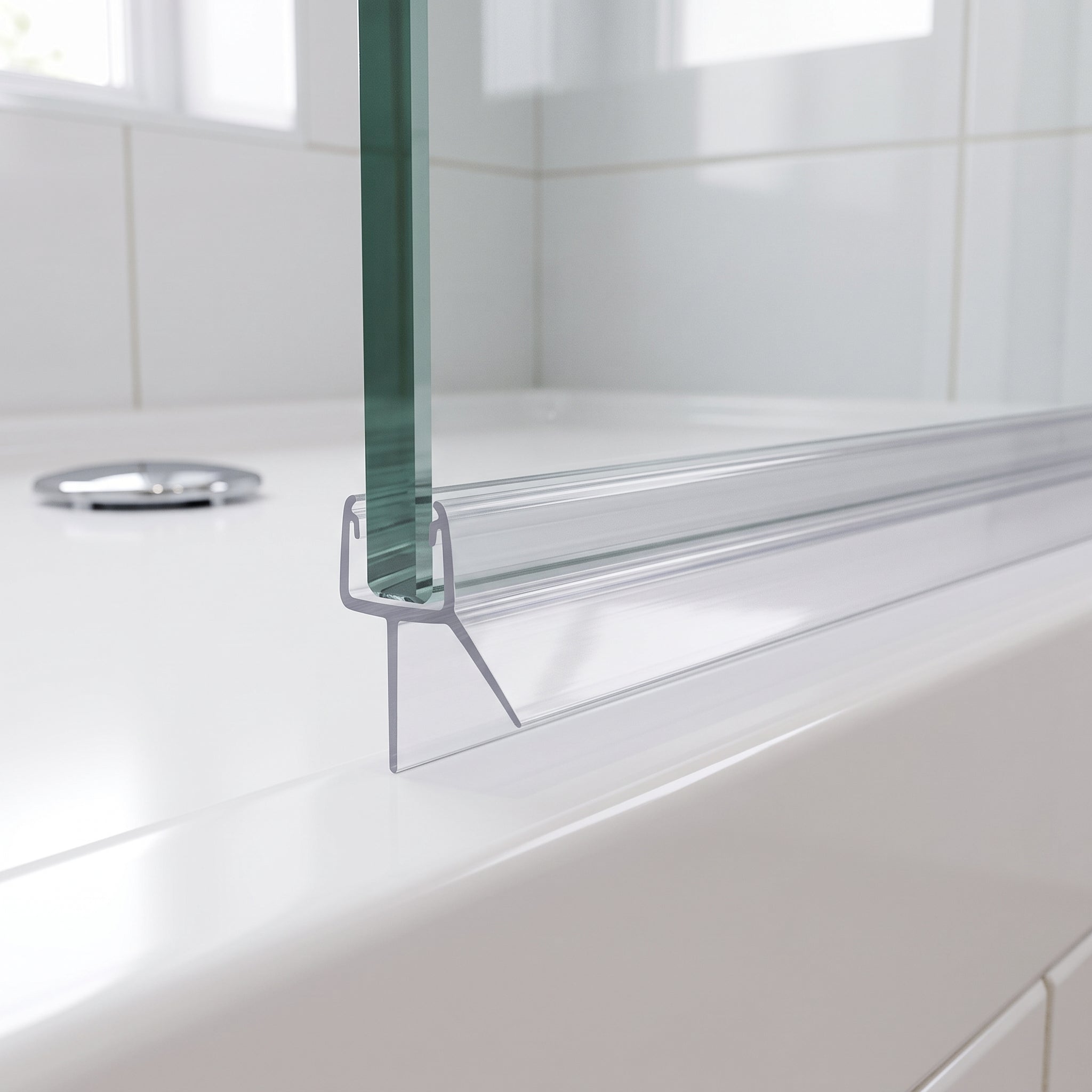 Clear SEAL198 seal on a 4-6mm glass door bottom edge - fins closing a 4-8mm gap to the tray