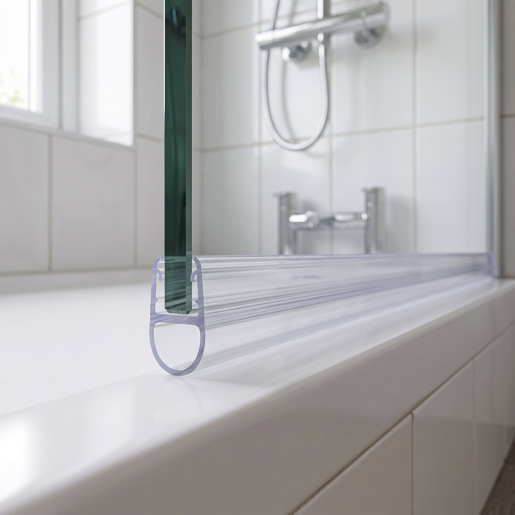 Clear SEAL200 seal on a 6-8mm glass door bottom edge - bubble loop closing a 3-7mm gap