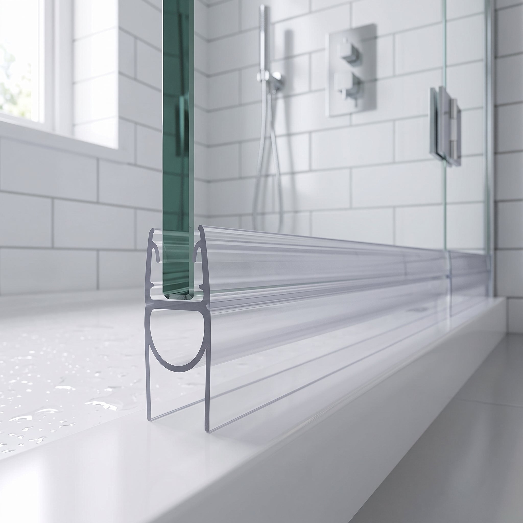 Clear SEAL203 seal on a 6-8mm glass door bottom edge - bubble loop and 15mm fin closing the gap