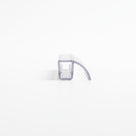 Clear seal offcut end-on on white, square glass channel with a rigid arched fin curving off it