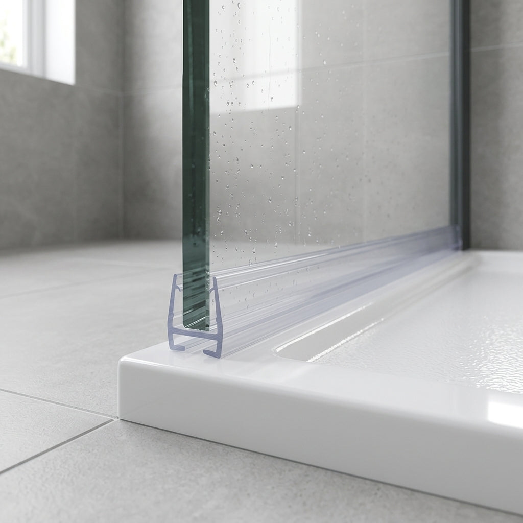 Shower screen seal installed on glass panel - Shower Screen Seal - Fits 4-6mm Glass - Lengths of 800mm, 900mm, 1400mm and 2000mm