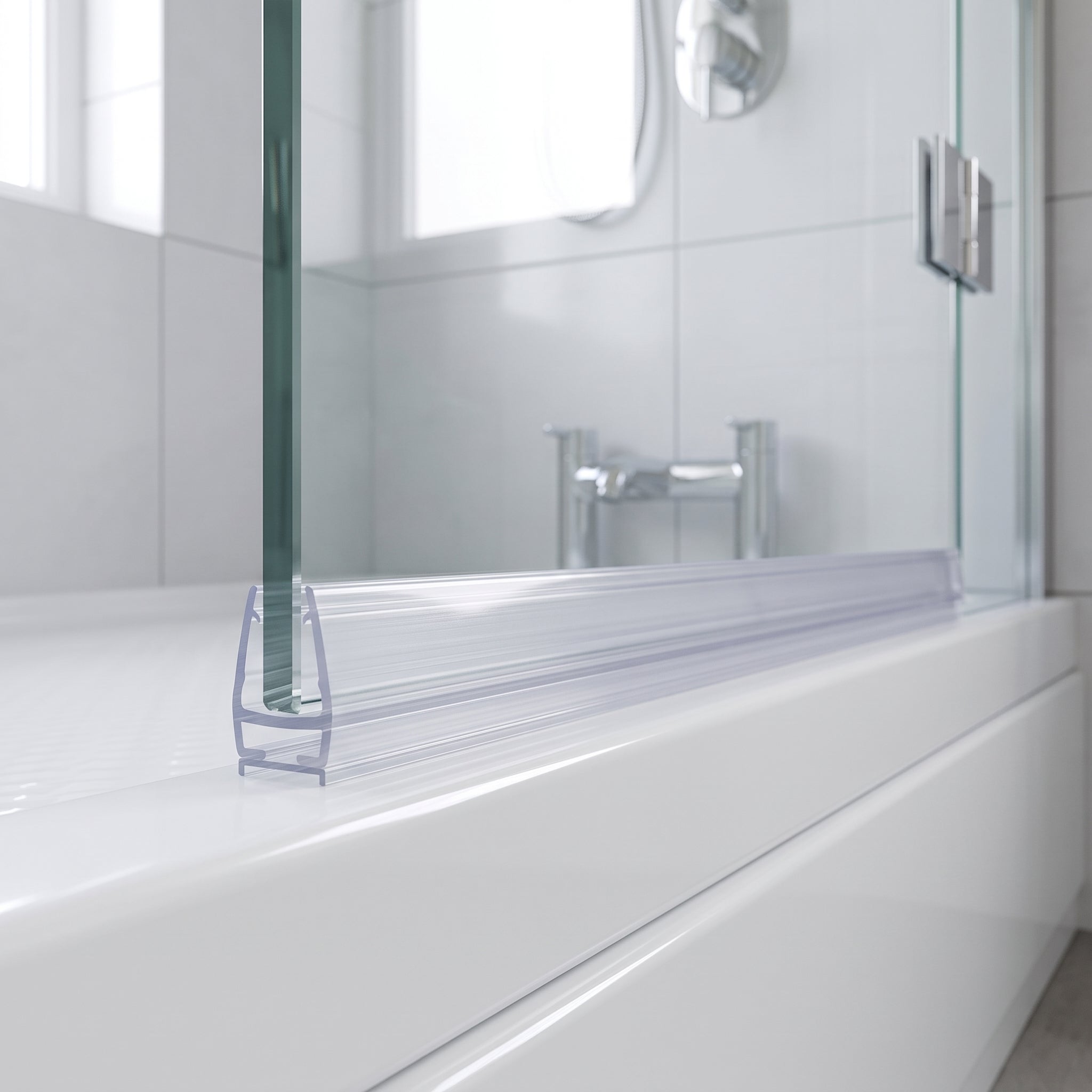 Clear SEAL302 seal on an 8mm glass door bottom edge - shallow track base closing the gap