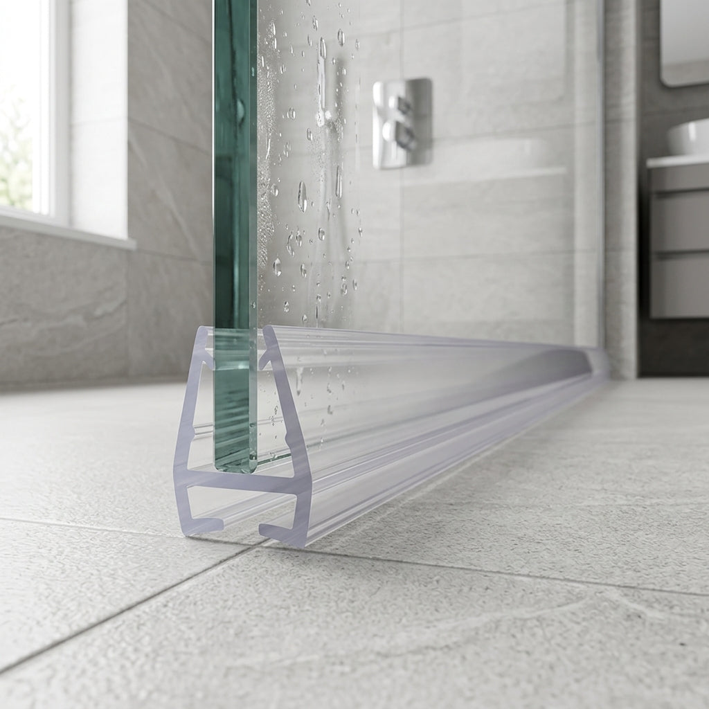 Shower screen seal installed on glass panel - Shower Screen Seal - Fits 8mm Glass - Lengths of 800mm, 900mm, 1400mm and 2000mm