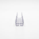 Clear shower seal seen end-on on white - deep U-channel with two upright lips over a slotted base