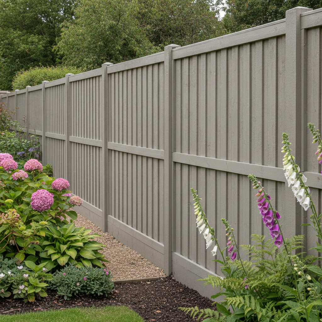 Mid grey painted fence panels running away down a border of pink hydrangeas and foxgloves