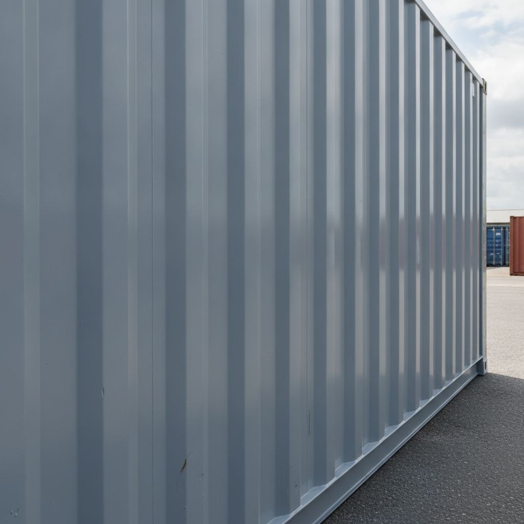 Light Grey anti-corrosive paint on a steel shipping container at a UK storage yard