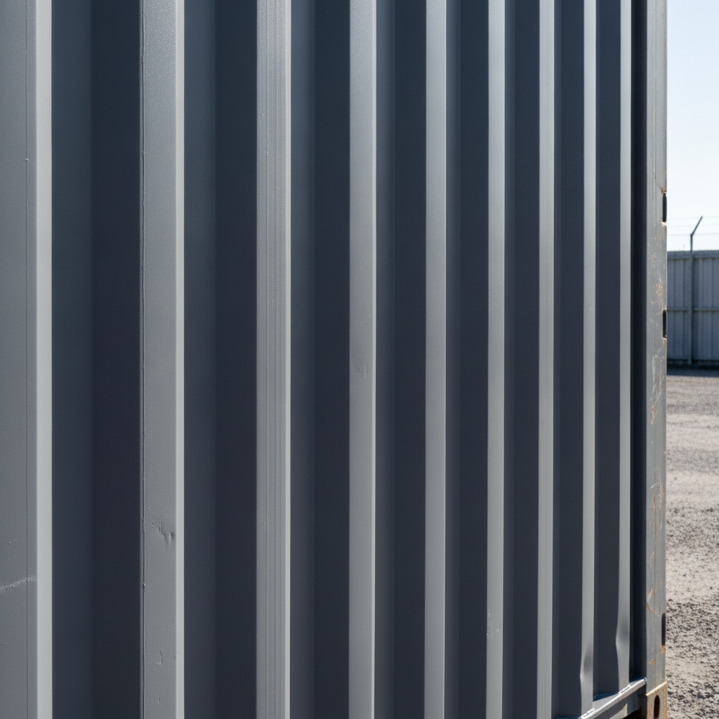 Mid Grey anti-corrosive paint on a steel storage container at a UK logistics depot