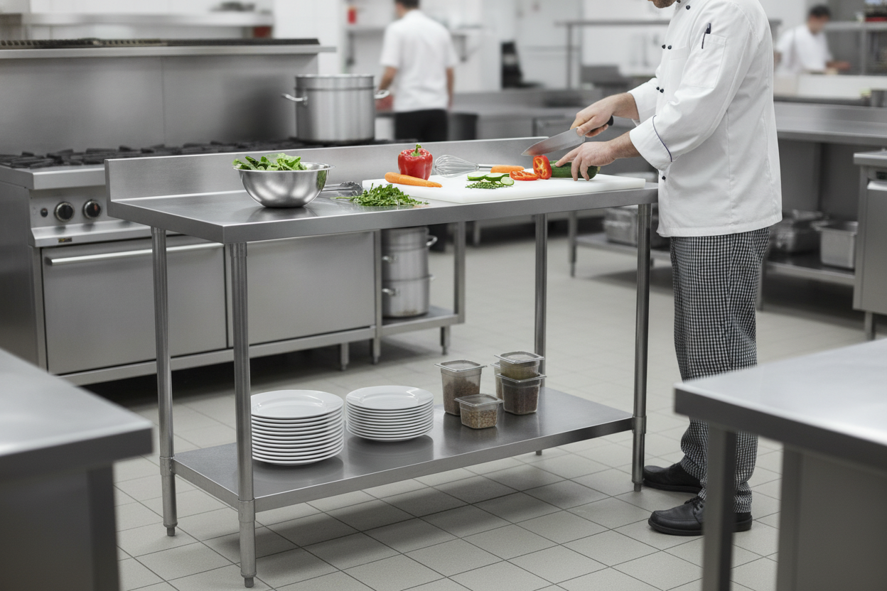 Chef preparing fresh vegetables on a 1200 x 600mm stainless steel prep table in a busy commercial kitchen, with mixing bowl, plates and storage trays on the galvanised undershelf