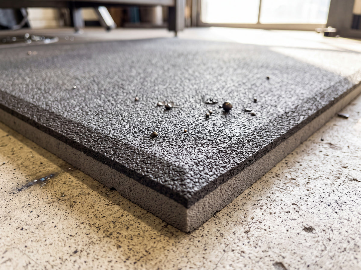 Close-up of the granular rubber top layer over the foam base at the bevelled edge, with weld spatter resting unmarked on the surface