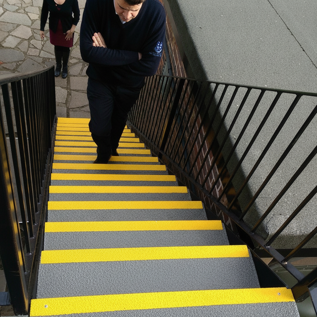 Anti-slip stair tread cover, grey with yellow nosing, installed on outdoor stairs