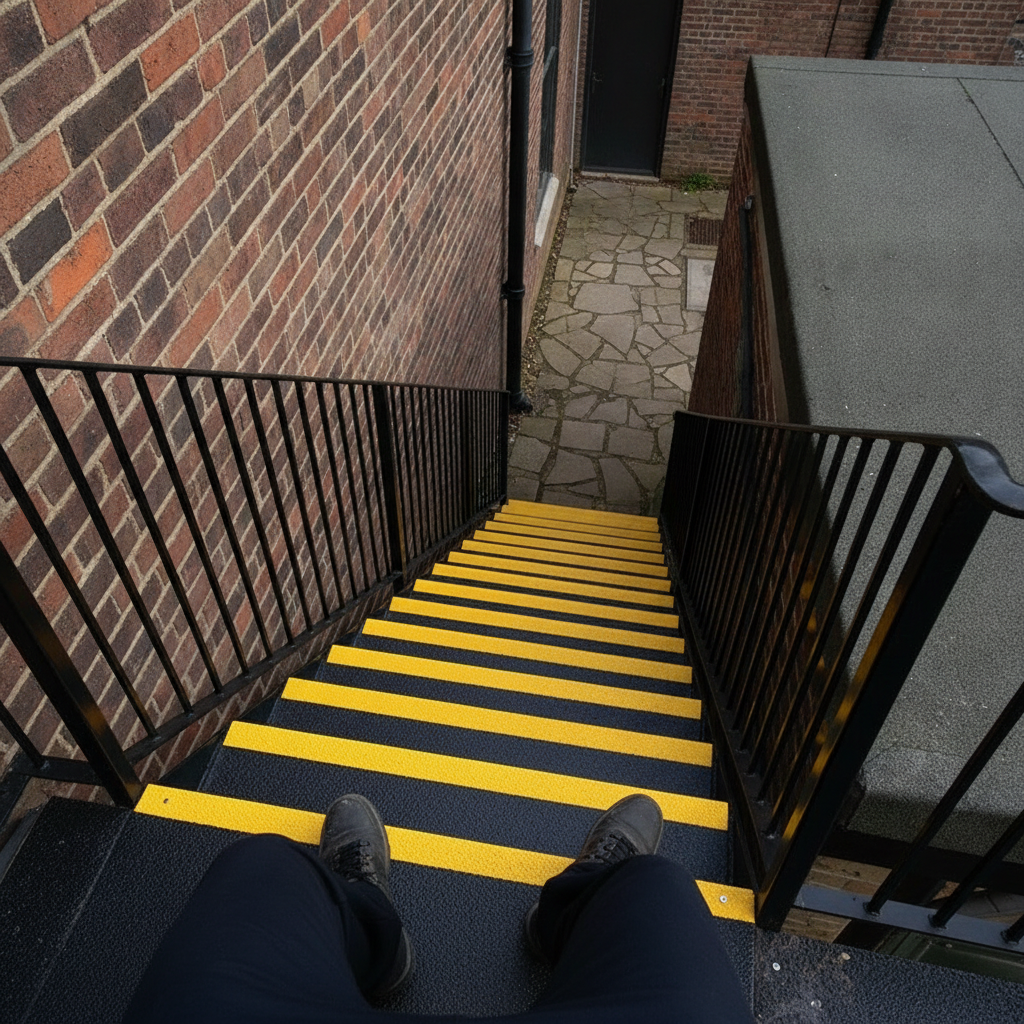 Anti-slip stair tread cover, black with yellow nosing, installed on outdoor stairs