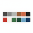 Twelve textured paint colour swatches on white in two rows: greys, brown, orange, black, red, cream, greens, blues