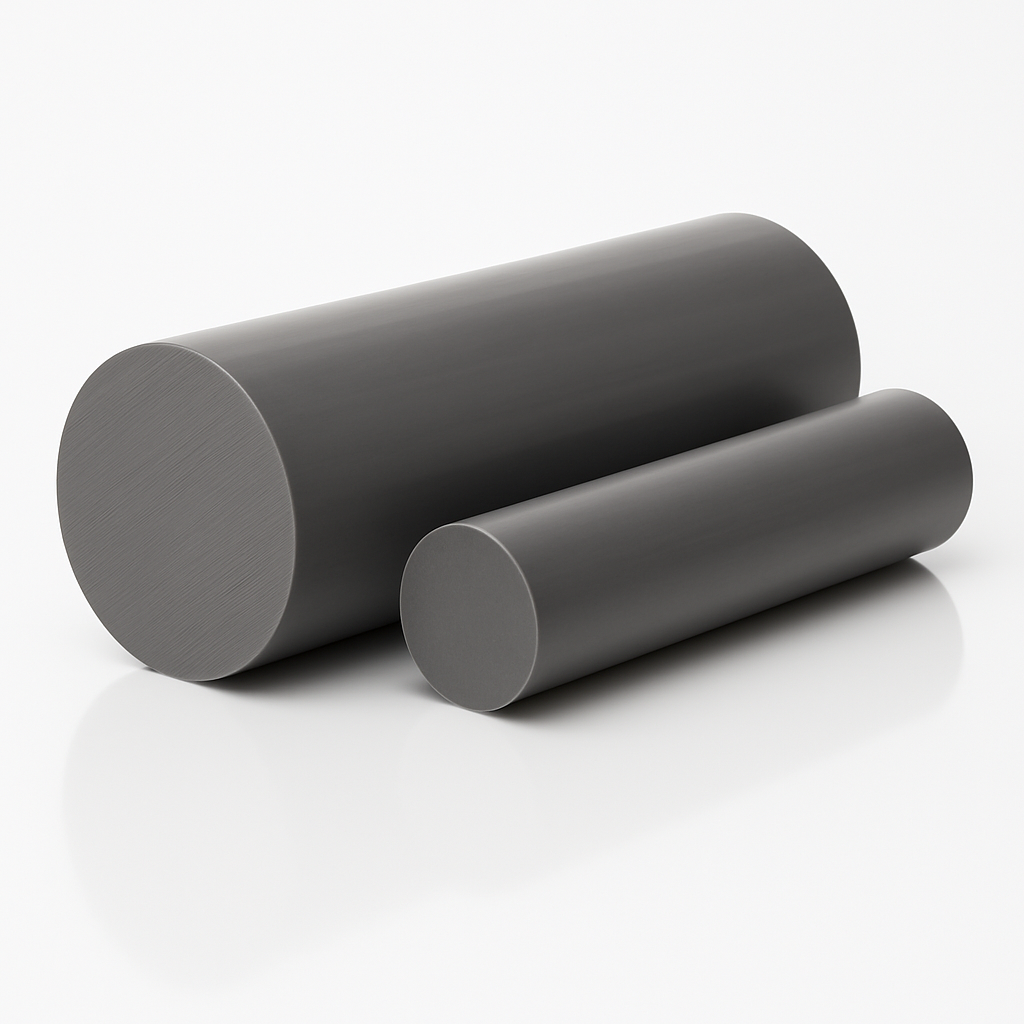 Pair of dark grey uPVC billets on a glossy white surface, the larger in front with its sawn face to the left
