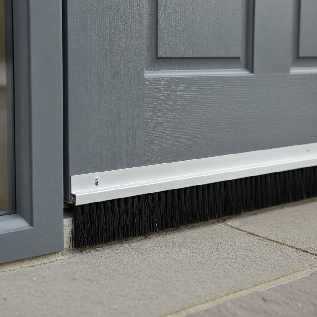 Aluminium door bottom brush seal fitted to a grey UK front door, black bristles sealing the gap against the stone threshold