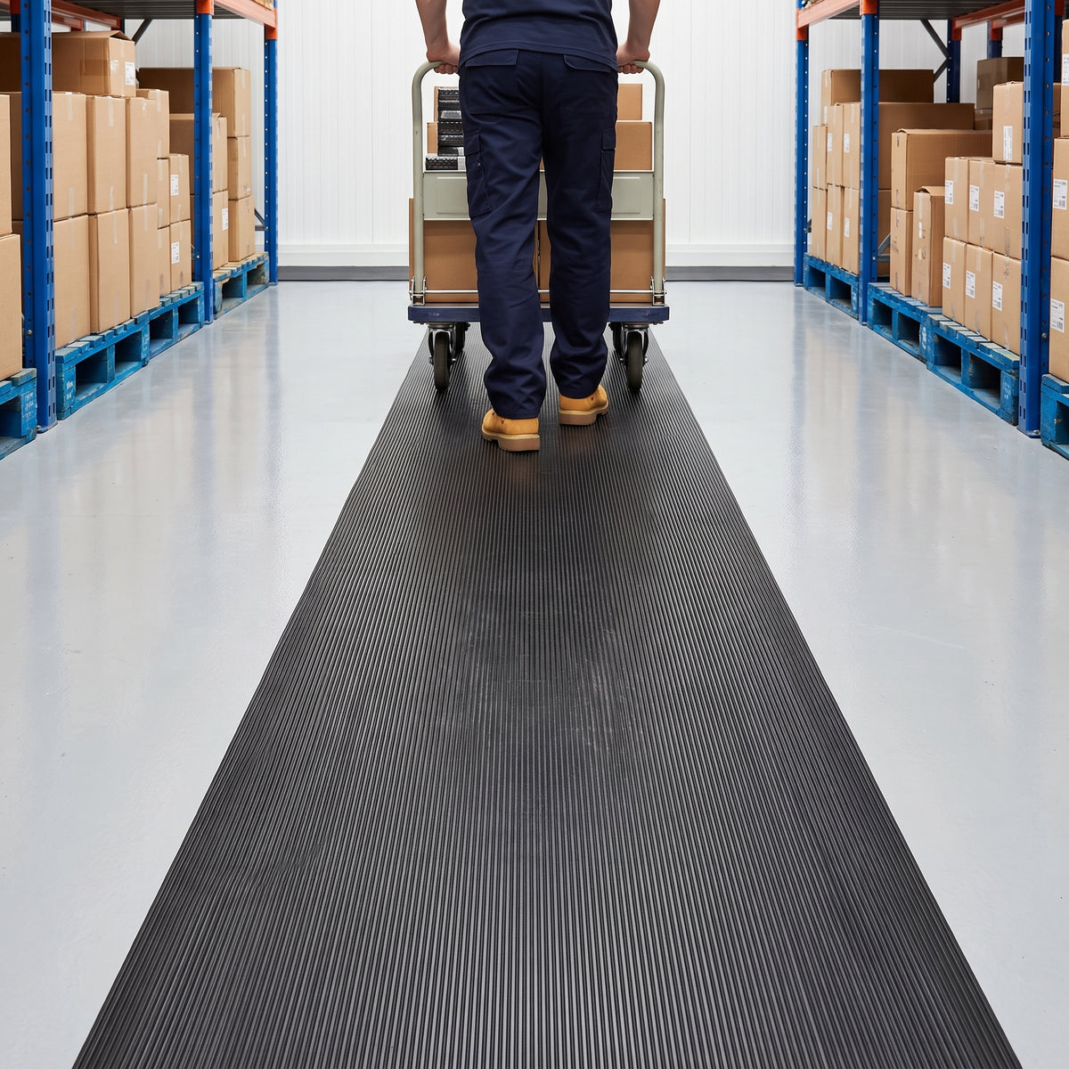 Black 14mm close-mesh PVC matting runner down a clean warehouse aisle, a worker pushing a loaded flatbed trolley along it