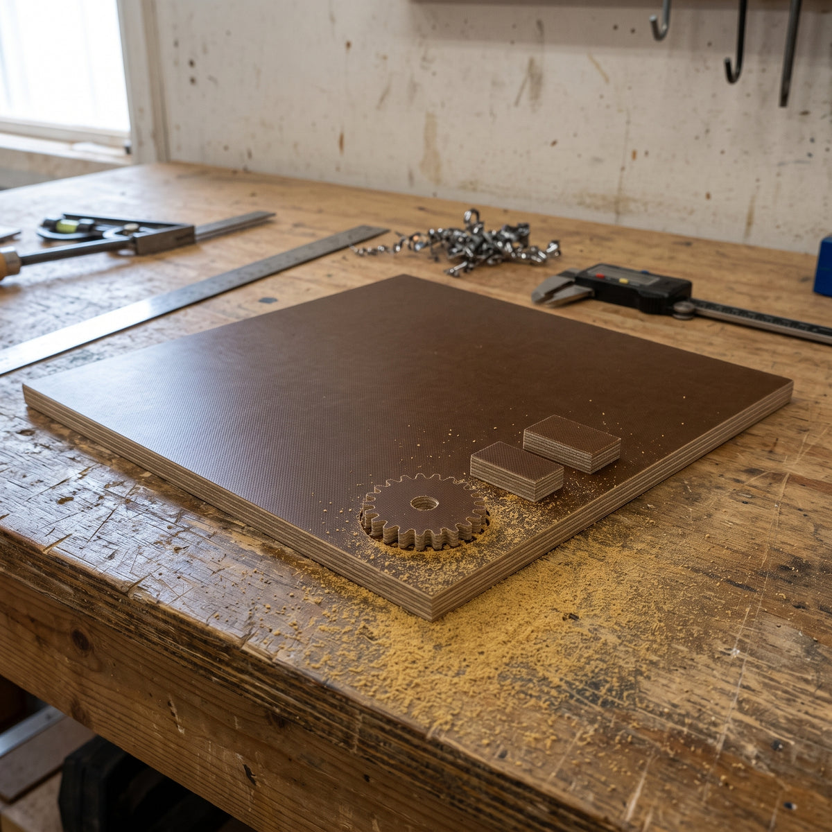 Brown woven Tufnol Whale sheet on a workshop bench with a small gear blank and two spacers cut from it, fine dust around